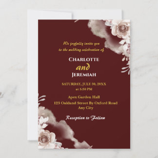 Invitation Moderne Elégant Bourgogne & Mariage Floral Or