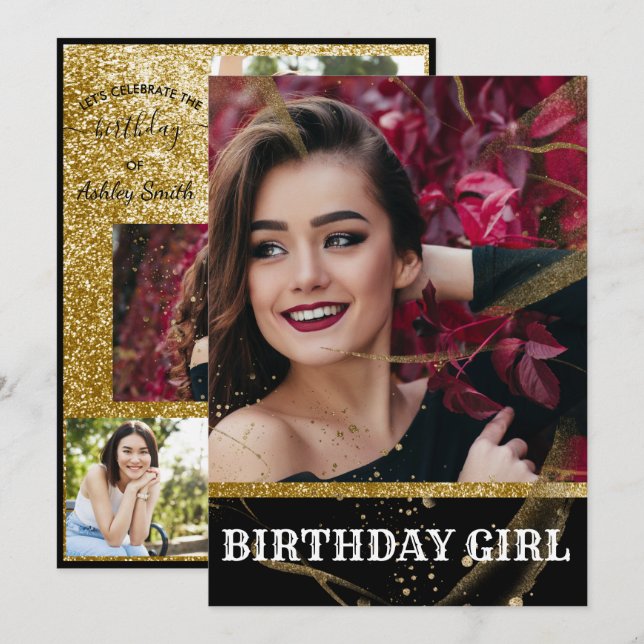 Invitation Moderne élégant chic noir et or doux 16 invita (Devant / Derrière)