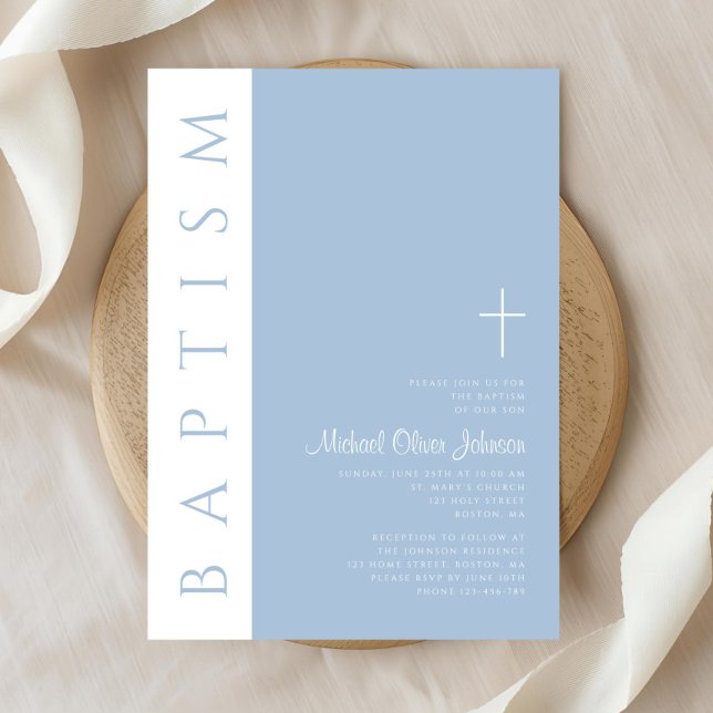 Invitation Moderne Elegant Croix Bleue Baptême garçon (Modern Elegant Blue Cross Boy Baptism Invitation)