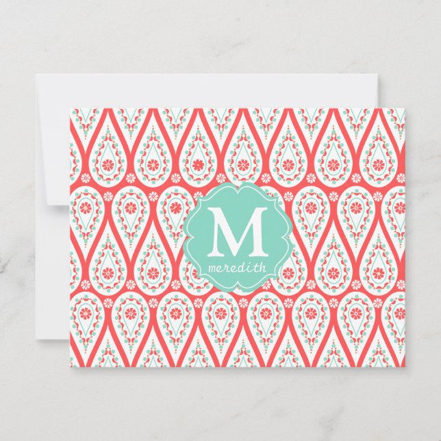 Invitation Moderne élégant Damask Coral Paisley Personnalisé (Devant)