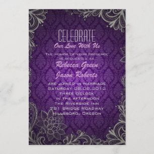 Invitation moderne élégant damask violet mariage