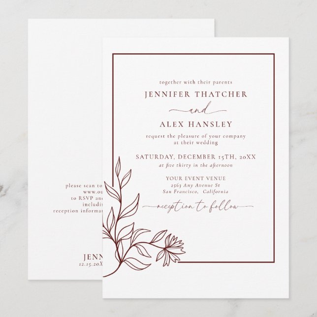 Invitation Moderne Elegant Feuille de la Botanique QR Code Ma (Devant / Derrière)