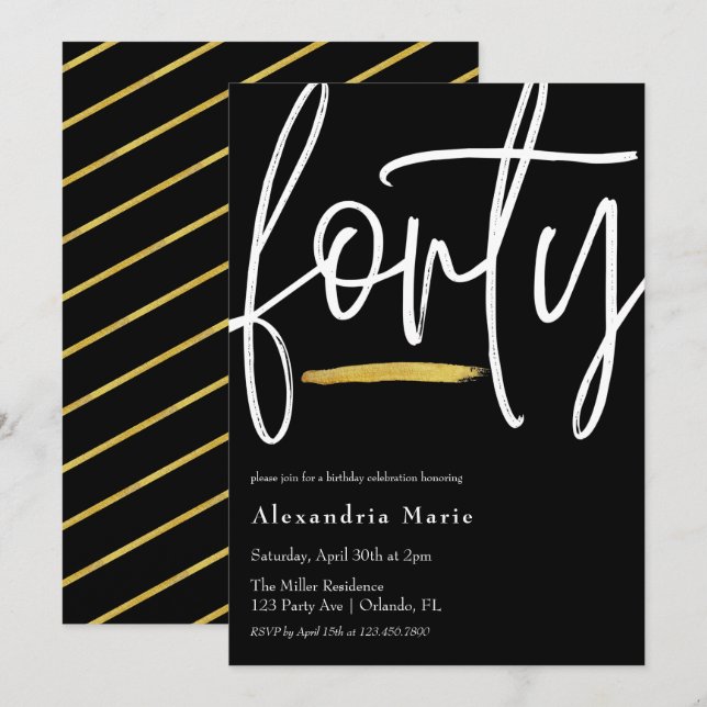 Invitation Moderne Elegant Gold Brushstroke 40e anniversaire (Devant / Derrière)
