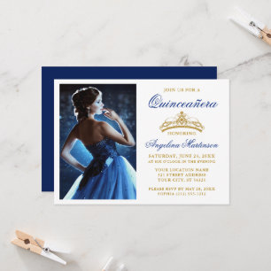 Invitation Moderne Elegant Gold Crown Royal Blue Quinceanera