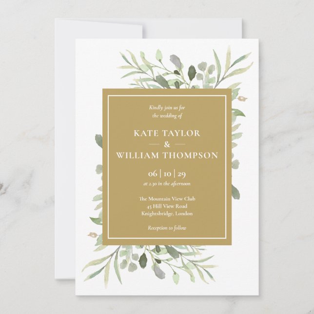 Invitation Moderne Elegant Gold Greenery Foliage Mariage (Devant)