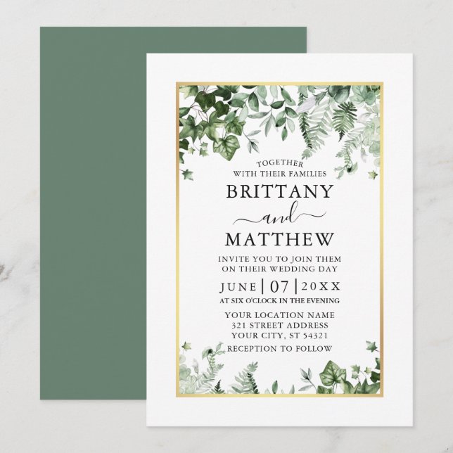 Invitation Moderne Elégant Ivy Ferns Sage Green Gold Mariage (Devant / Derrière)