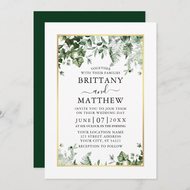 Invitation Moderne Elegant Ivy Sage Greenery Mariage or (Devant / Derrière)