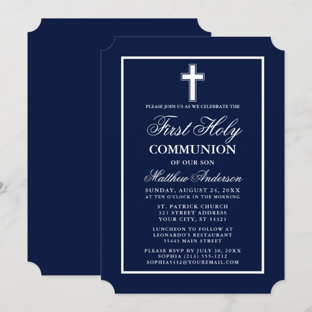 Invitation Moderne Elegant Marine Bleu Première Sainte Commun (Devant / Derrière)