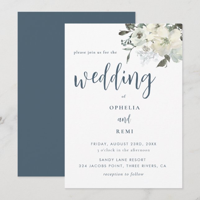 Invitation Moderne Elegant Marine Blue Ivory Floral Mariage (Devant / Derrière)