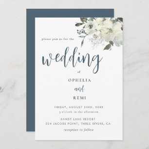 Invitation Moderne Elegant Marine Blue Ivory Floral Mariage