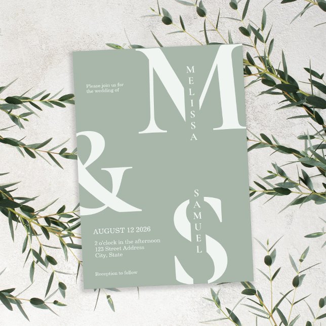 Invitation Moderne Élégant Monogramme Sage Mariage vert (Modern Elegant Monogram Sage Green Wedding Invitation)