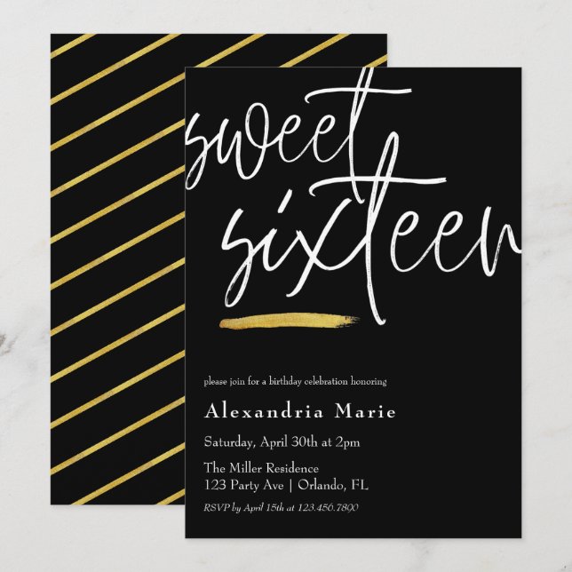 Invitation Moderne Elegant Or brosse Sweet 16 Anniversaire (Devant / Derrière)