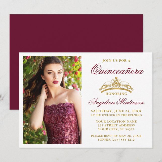 Invitation Moderne Elegant Or Couronne Bourgogne Quinceanera (Devant / Derrière)