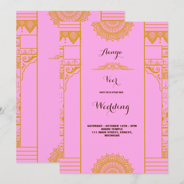 Invitation moderne Elegant or mandala Mariage rose (Devant / Derrière)