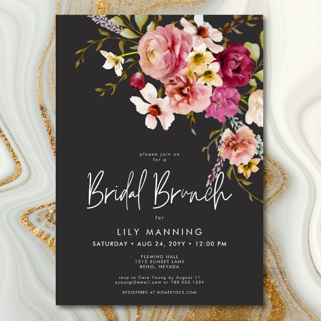 Invitation Moderne Elégant Pré Floral Black Bridal Brunch (Modern Elegant Meadow Floral Black Bridal Brunch Invitation)