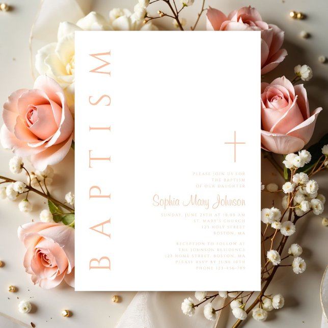 Invitation Moderne Élégant rose Croix Religieuse Fille Baptêm (Modern Elegant Pink Religious Cross Girl Baptism Invitation)
