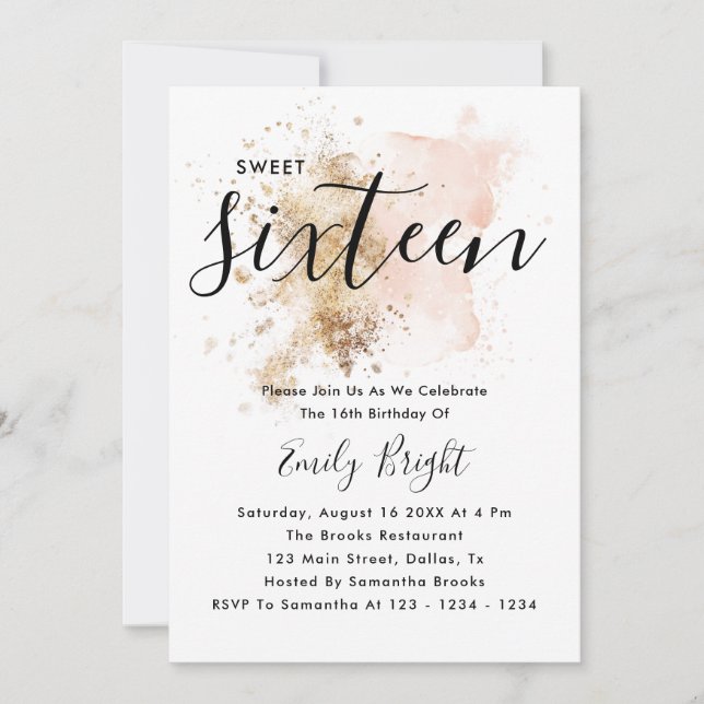 Invitation Moderne Élégant rose Et Or Script Sweet 16 (Devant)