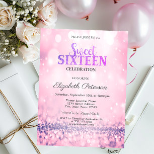 Invitation Moderne Élégant Rose Paillettes Bokeh Sweet 16