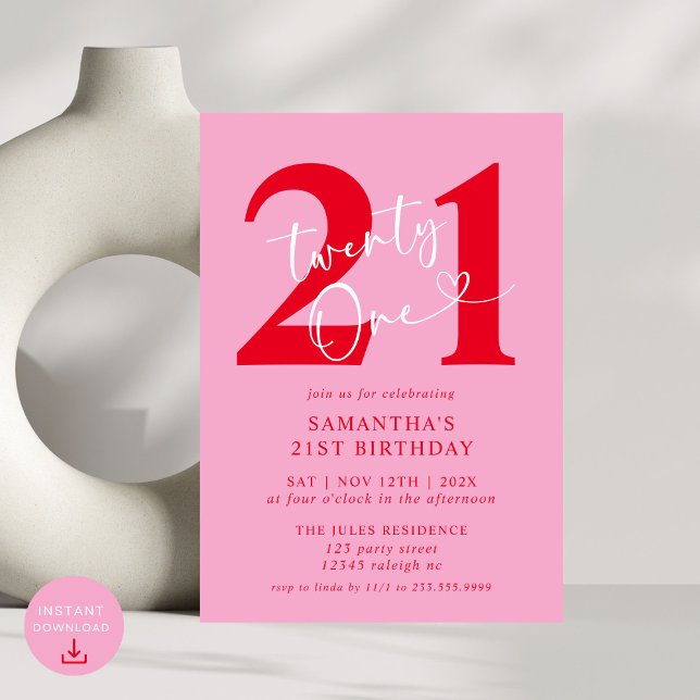 Invitation Moderne Elegant Rose Rouge 21ème anniversaire (Créateur téléchargé)