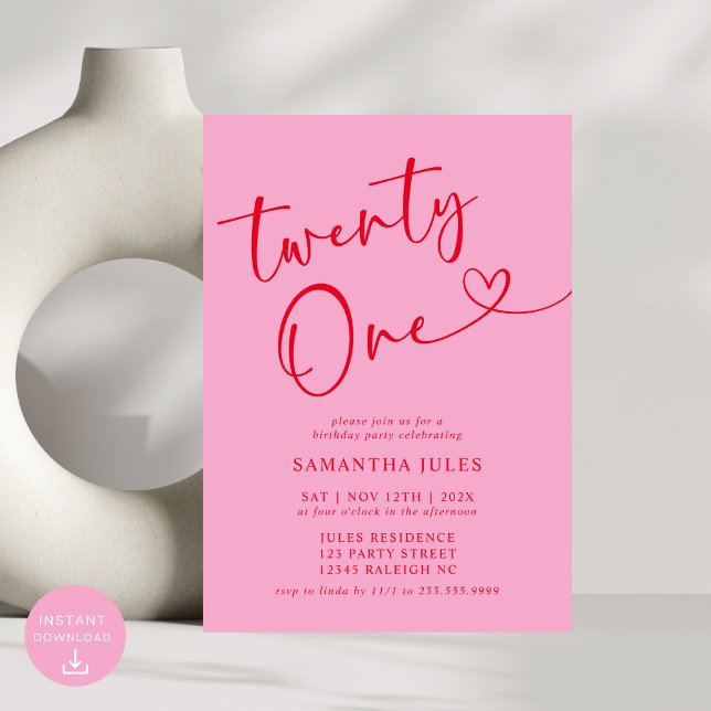 Invitation Moderne Elegant Rose Rouge 21ème anniversaire (Créateur téléchargé)