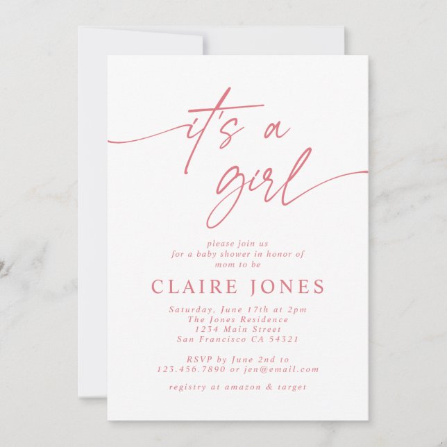 Invitation Moderne Elegant Rose Son a Girl Script Baby shower (Devant)