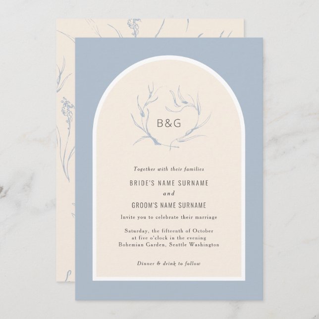 Invitation Moderne Elégant Simple Arc Dusty Mariage bleu (Devant / Derrière)