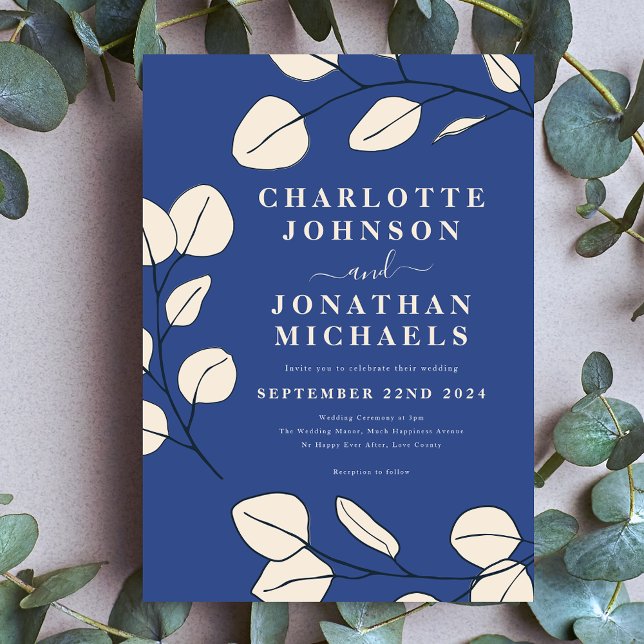 Invitation Moderne Élégant Simple Feuille Bleu (Simple eucalyptus leaves modern stylish blue wedding invitation )