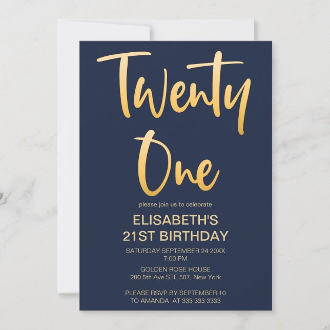 Invitation Moderne Elegant Simple Navy 21e fête d'anniversair (Devant)