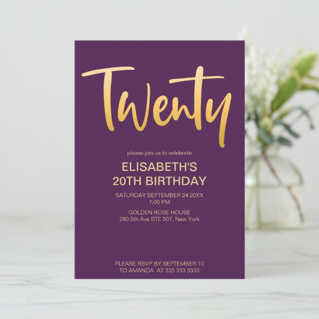 Invitation Moderne Élégant Simple Purple 20 Anniversaire (Debout devant)