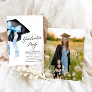 Invitation Moderne Elégant tendance Stylish Bleu Bow Graduati