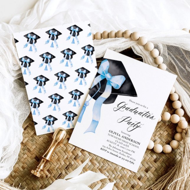 Invitation Moderne Elégant tendance Stylish Bleu Bow Graduati (Watercolor Modern Elegant Trendy Stylish Blue Bow Graduation Invitation)