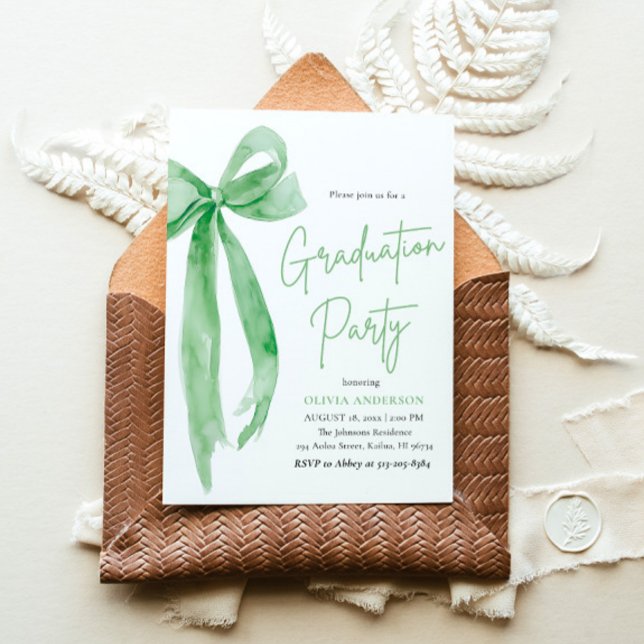 Invitation Moderne Elégant tendance Stylish Green Bow Graduat (Créateur téléchargé)