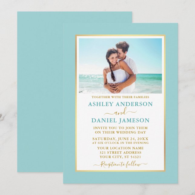Invitation Moderne Elegant Turquoise Blue Gold Mariage (Devant / Derrière)