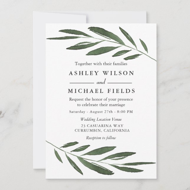 Invitation Moderne Elegant Vert Aquarelle Mariage feuille (Devant)