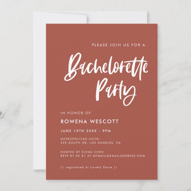 Invitation Moderne élégante brique brûlée Bachelorette Party (Devant)