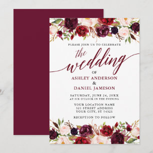 Invitation Moderne Élégante calligraphie Floral Bourgogne Mar