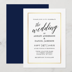 Invitation Moderne Élégante calligraphie Mariage Bleu Or