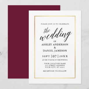 Invitation Moderne Élégante calligraphie Mariage Bourgogne Or