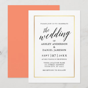 Invitation Moderne Élégante calligraphie Mariage Coral Gold