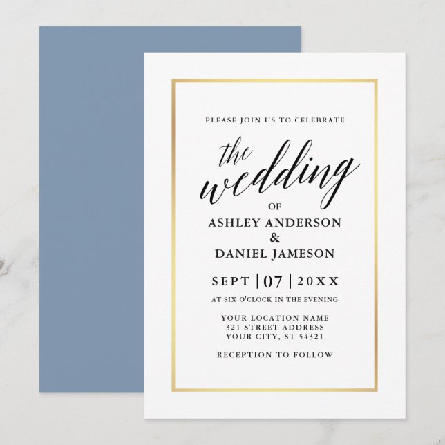 Invitation Moderne Élégante calligraphie Mariage Dusty Blue G (Devant / Derrière)