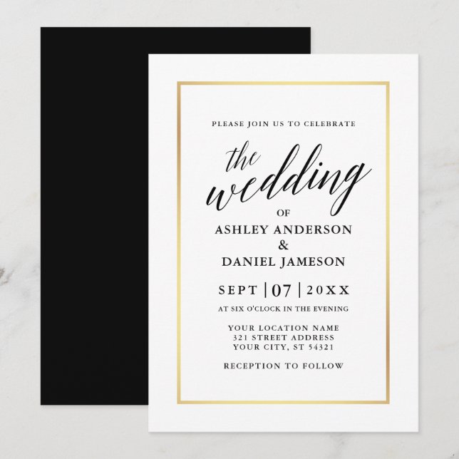 Invitation Moderne Elégante Calligraphie Mariage Gold Frame (Devant / Derrière)