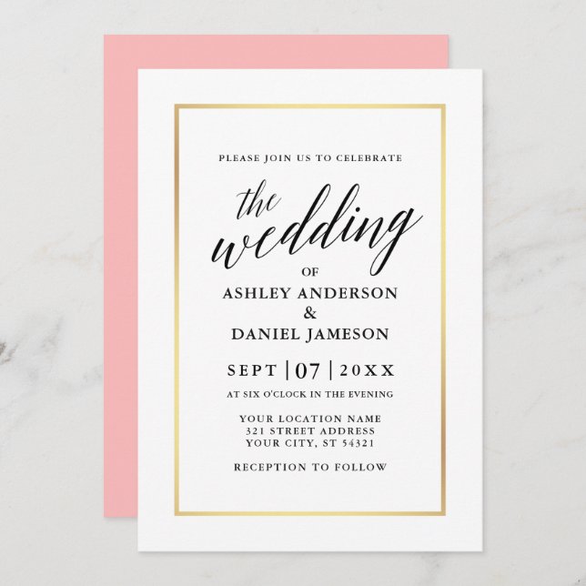 Invitation Moderne Élégante calligraphie Mariage Or rose (Devant / Derrière)