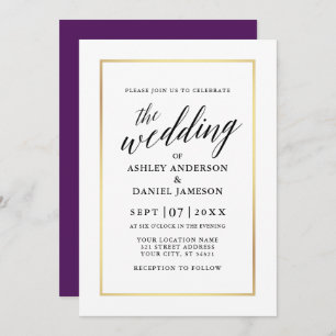Invitation Moderne Élégante calligraphie Mariage Purple Gold