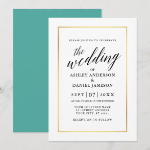 Invitation Moderne Élégante calligraphie Mariage Turquoise Or