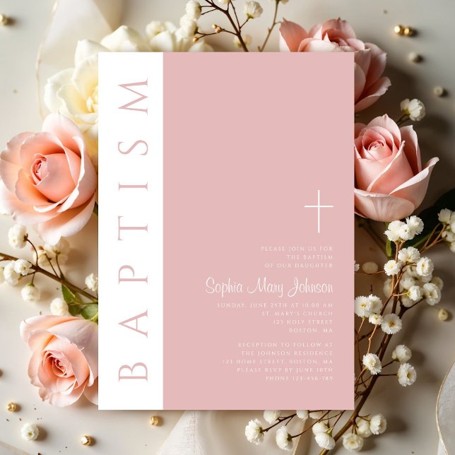 Invitation Moderne Elégante Croix Rose Bleue (Modern Elegant Blush Pink Cross Girl Invitation)