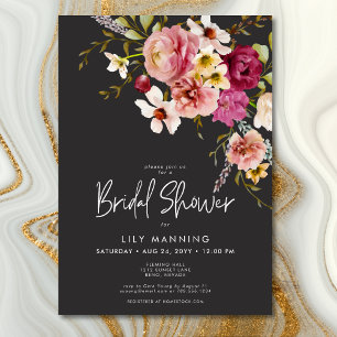 Invitation Moderne Élégante Fleurs de Prairie Mariage Noir