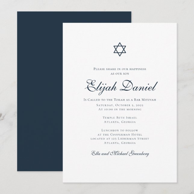 Invitation Moderne + Élégante Typographie Bar Mitzvah (Devant / Derrière)