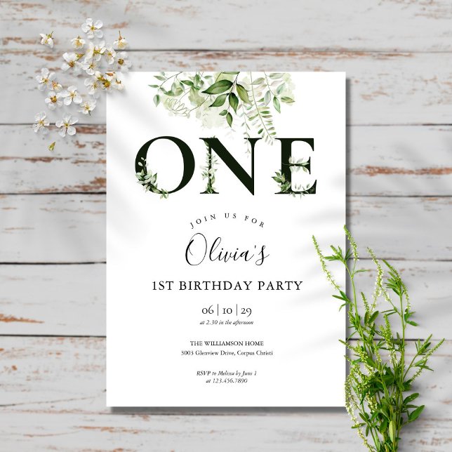 Invitation Moderne Elégante verdure florale 1er anniversaire (Créateur téléchargé)