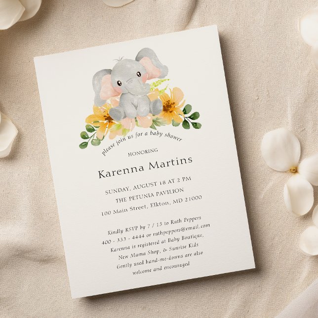 Invitation Moderne Eléphant Floral Genre Baby shower neutre (Créateur téléchargé)