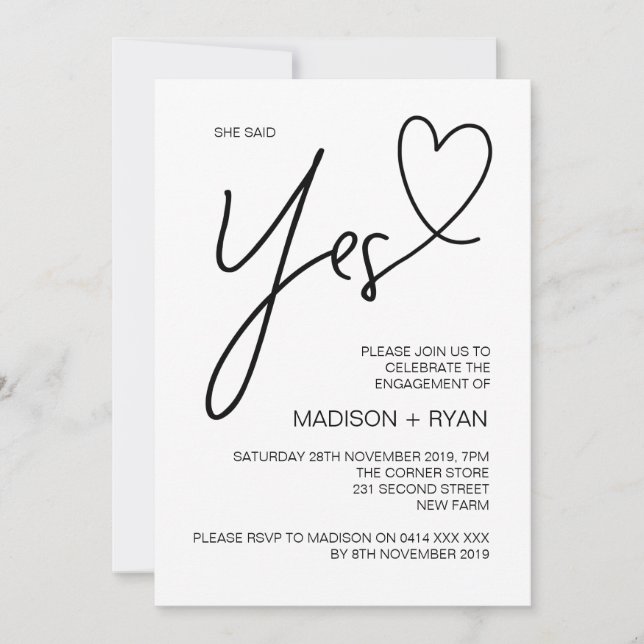 Invitation Moderne Elle Dit Oui Engagement Coeur de la fête (Devant)